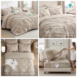 Oversized King Comforter Set Beige - Bed in a Bag Bedding Set 7 Pieces, GentleSoft™ Pintuck Bed Set Gift for Family, Pinch Pleat Beige Comforter with