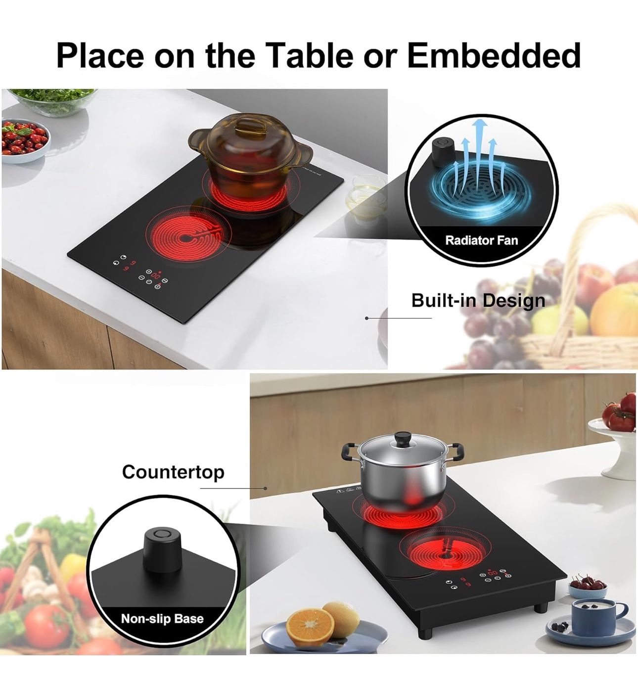 VBGK 2 Burner Electric Cooktop,3000W Built-in & Countertop Portable Electric Stove Top with 9 Heating Level, Timer & Kid Safety Lock, LED Touch Contro