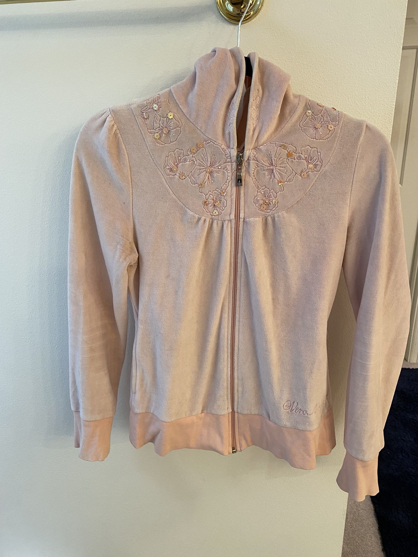 Pink floral embroidered sequin hoodie， Size:S