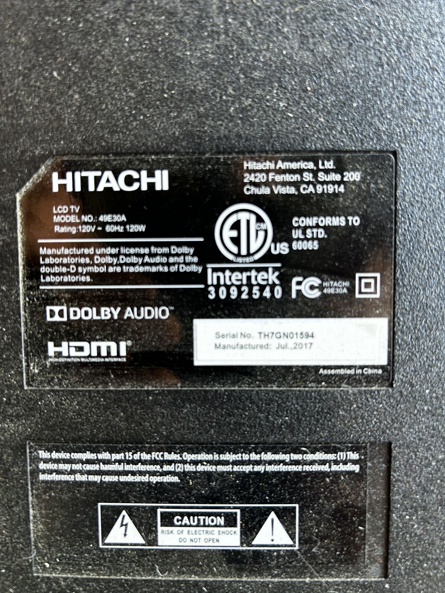 Hitachi 47” LCD TV With Wall Mount Bracket