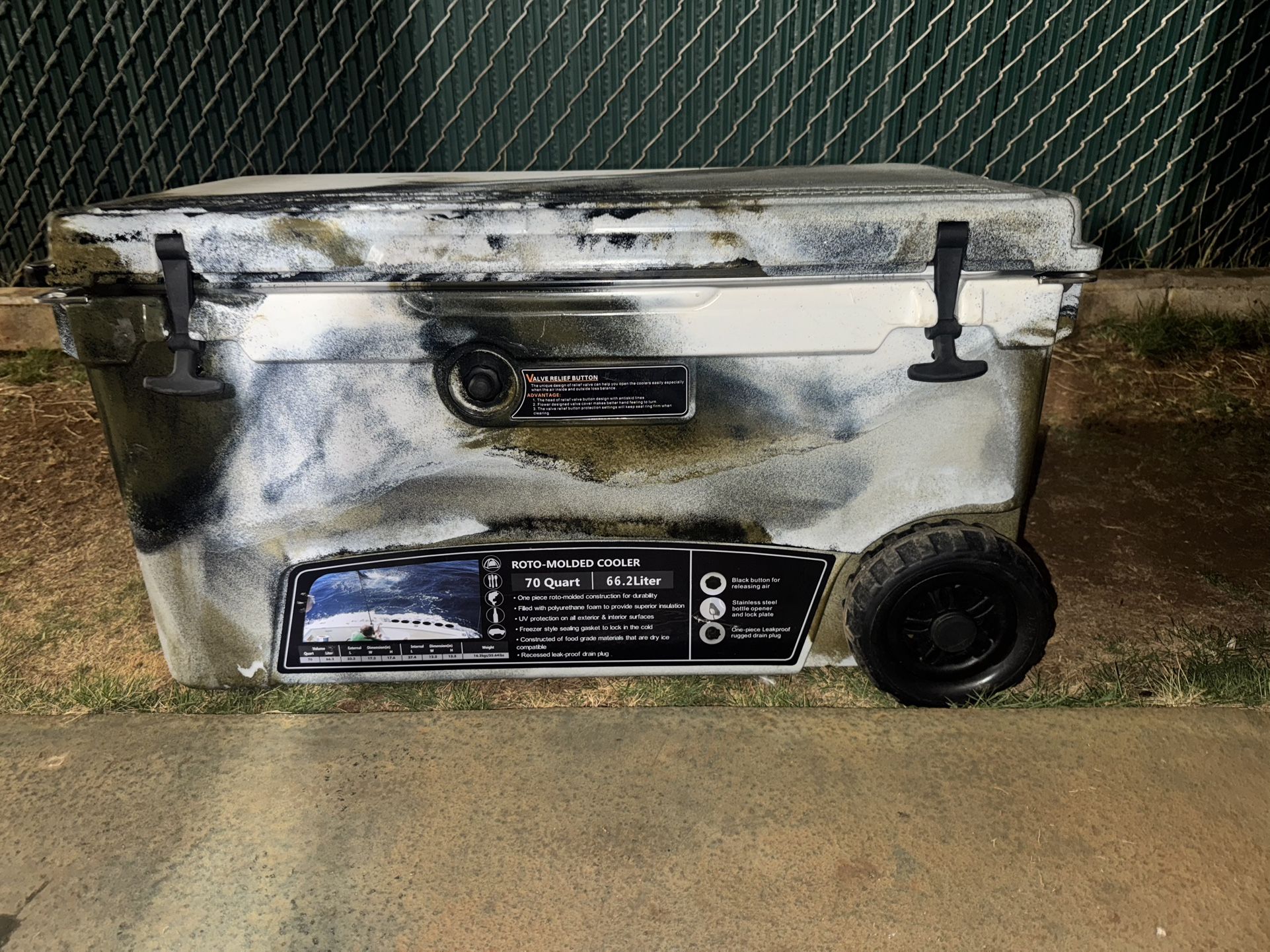 NEW 70 QUART ROTOMOLDED COOLER WITH WHEELS. TRIPLE INSULATED