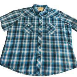Wrangler Blue Plaid Shirt Mens Size 2XL Pearl Snap Button Up Short Sleeve 
