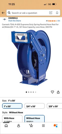 Coxreels TSHL-N-650 Supreme Duty Spring Rewind Hose Reel for air/Water/Oil: 1" I.D., 50' Hose Capacity, Less Hose, 300psi