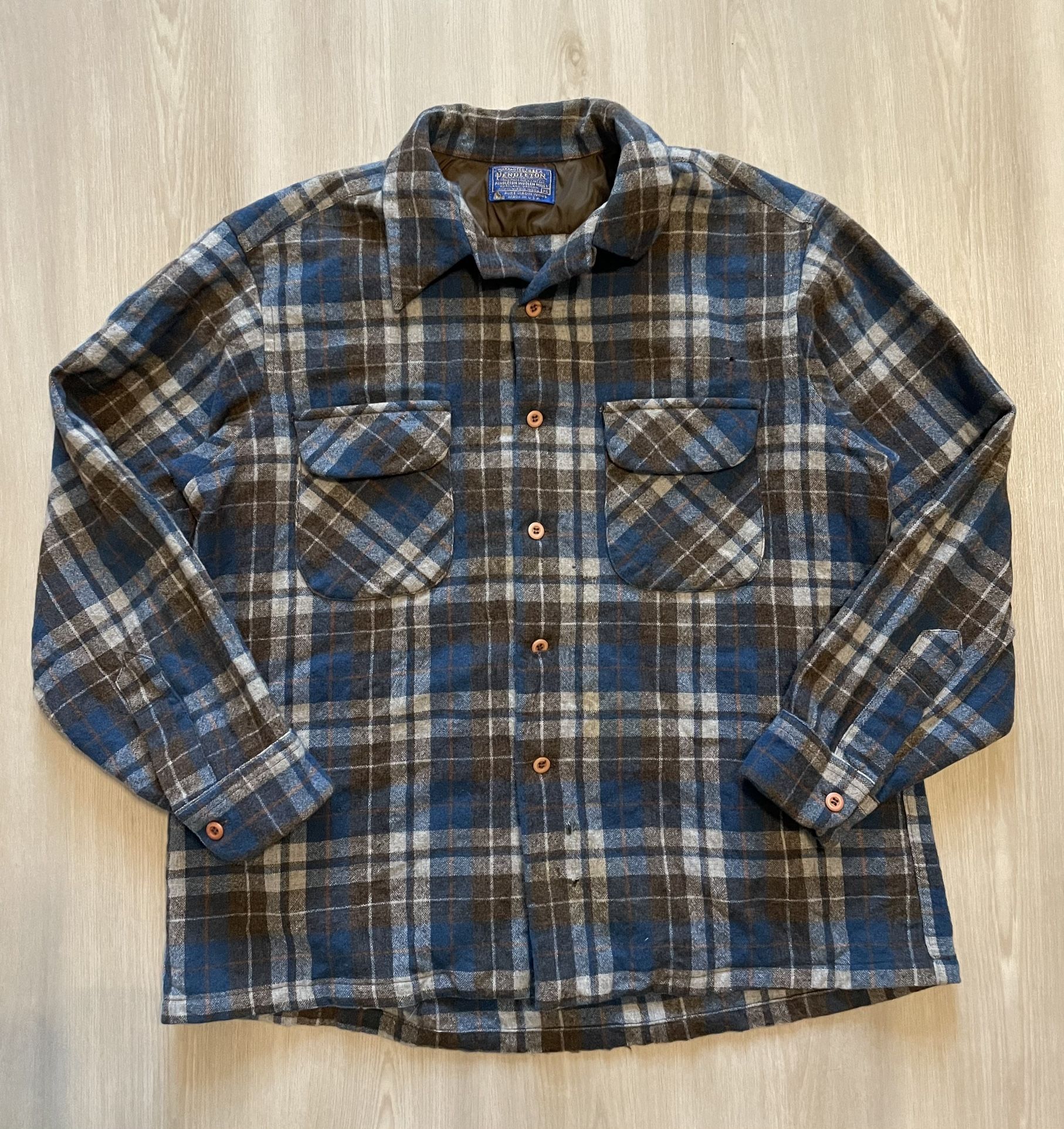 Vintage Pendleton Wool Flannel Blue Plaid Loop Collar Board Shirt USA Thrashed Tagged XL Fits M