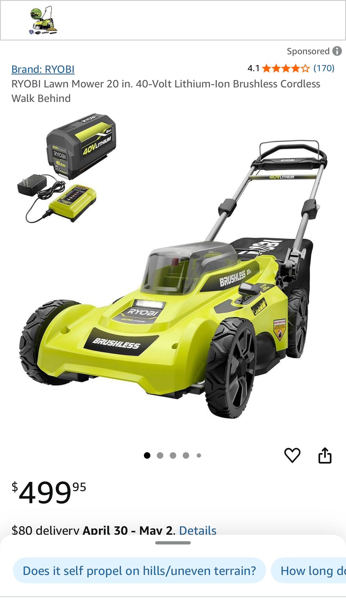 Ryobi 20 in 40 v Lawn Mower 6ah Battery