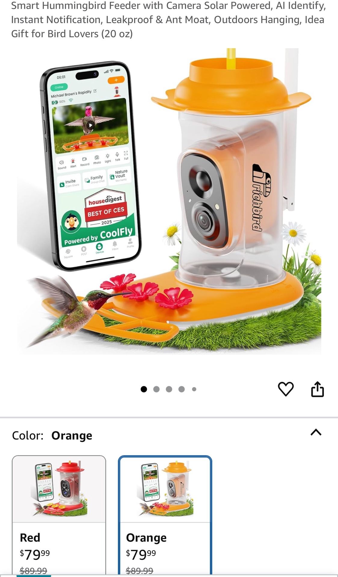Smart Hummingbird Feeder with Camera Solar Powered, AI Identify, Instant Notification, Leakproof & Ant Moat, Outdoors Hanging, Idea Gift for Bird Love