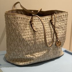 Michael Kors Travel Studs Beige MK PVC Leather Signature Logo Tote Bag