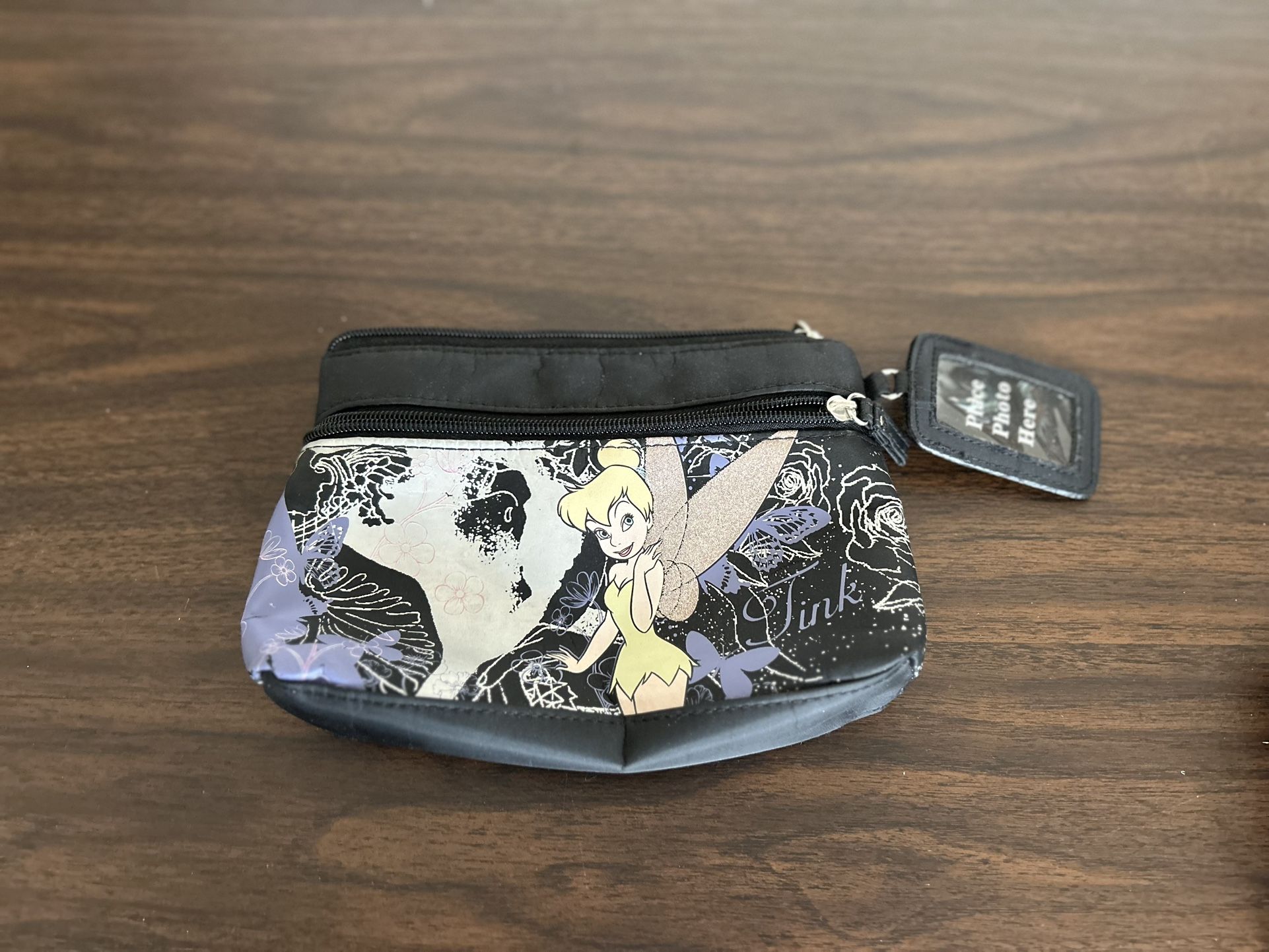 Disney Tinker Bell Black Purple Clutch Purse, 8“ X 6“