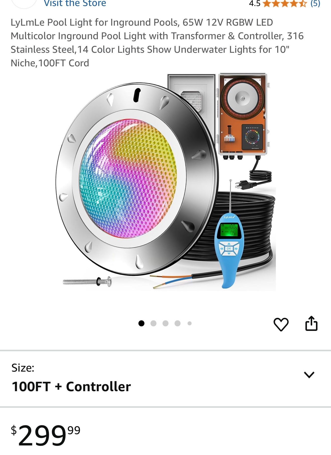Pool Light for Inground Pools, 65W 12V RGBW LED Multicolor Inground Pool Light with Transformer & Controller, 316 Stainless Steel,14 Color Lights Show