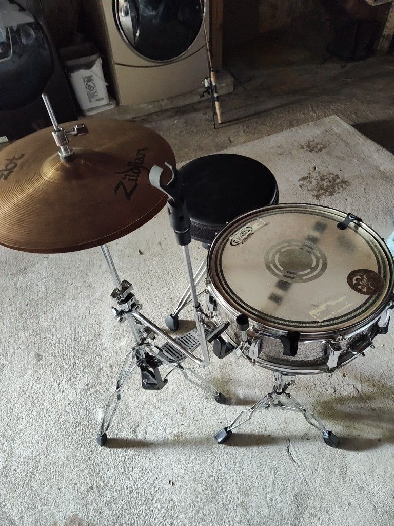 Used Pearl Snare, Zildjian Hi Hat, Gibraltar Stool , Drum Sticks