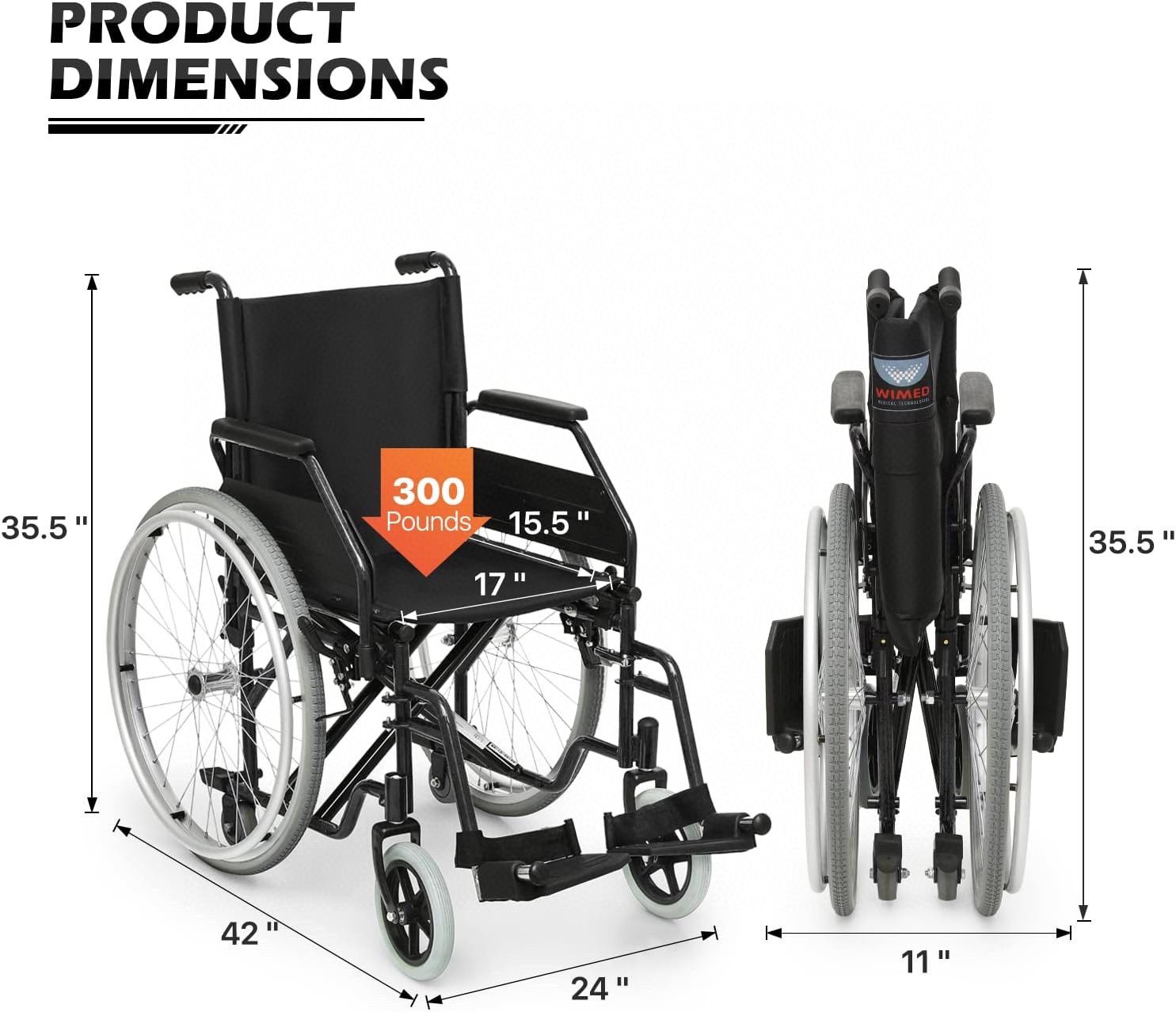 Wheel Chair for Adults with 23.5 Inch Large All Terrain Wheels and Removable Swing Away Footrest Folding 17 Inch Wide Seat Wheel Chair for Compact Sto