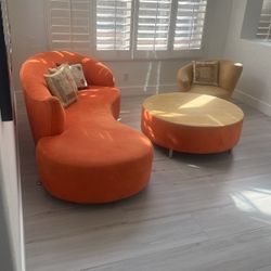 Orange And Beige Sofa with Ottoman & Pillows