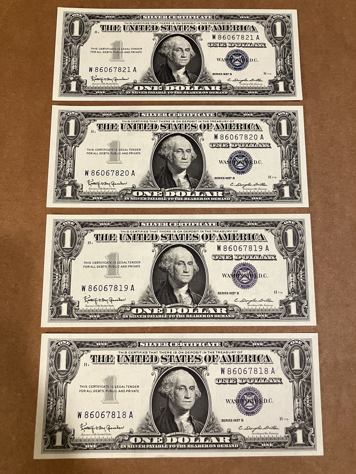 Set of 4 Consecutive Serial Numbers, Silver Certificate $1 Bills Series 1957 B Uncirculated Conditions
