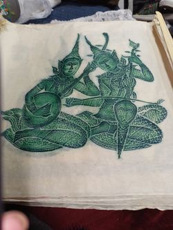  Bangkok Temple,Green Ink Rubbing,Art On Rice Paper 