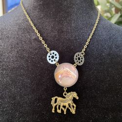 One Of A Kind Hand Made Necklace Made By Vintage And Antique Button Pendant With Horse Charm  By Local Az Creator 