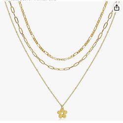Aisansty Layered Flower Choker Necklace 14K Gold Plated Dainty Figaro Paperclip Chain Necklace Simple Cute Flower Pendant Gold Layering Chain Necklace