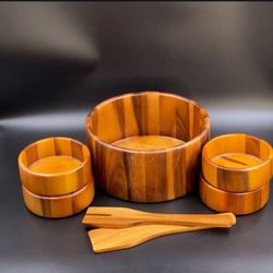 Wooden Salad Bowl Set Of 5 Modern Boho Teak Wu