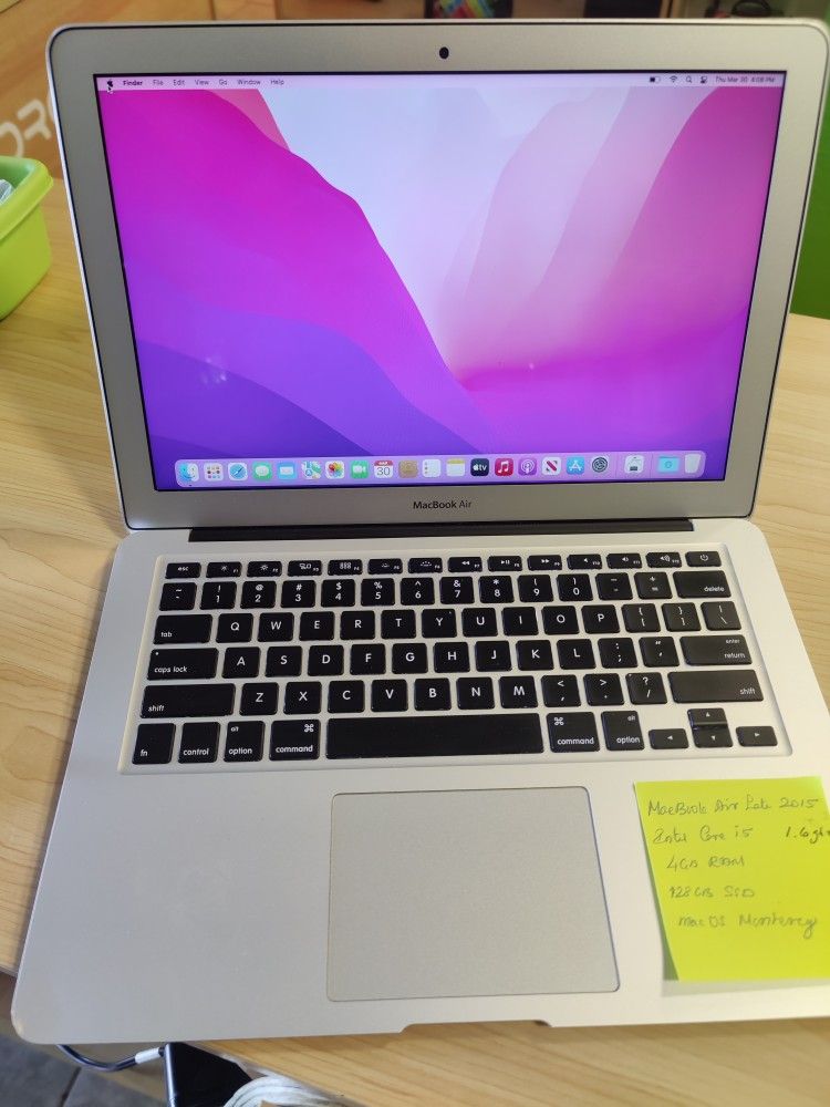 MacBook Air 13 in 2015 Intel Core i5@ 1.6GHz 4GB Ram 128GB flash SSD Mac OS Monterey. Microsoft Office charger. In excellent working and cosmetic