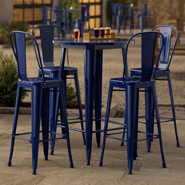 Lancaster Table & Seating Alloy 30" Round Sapphire Bar Height Outdoor Table with 4 Cafe Barstools