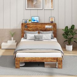 #445 Queen Size Wooden Bed Frame - Rustic Farmhouse Wood Queen Size Bed Frame with Headboard & Charging Station, Bedframe with LED Lights & Wood Slat 