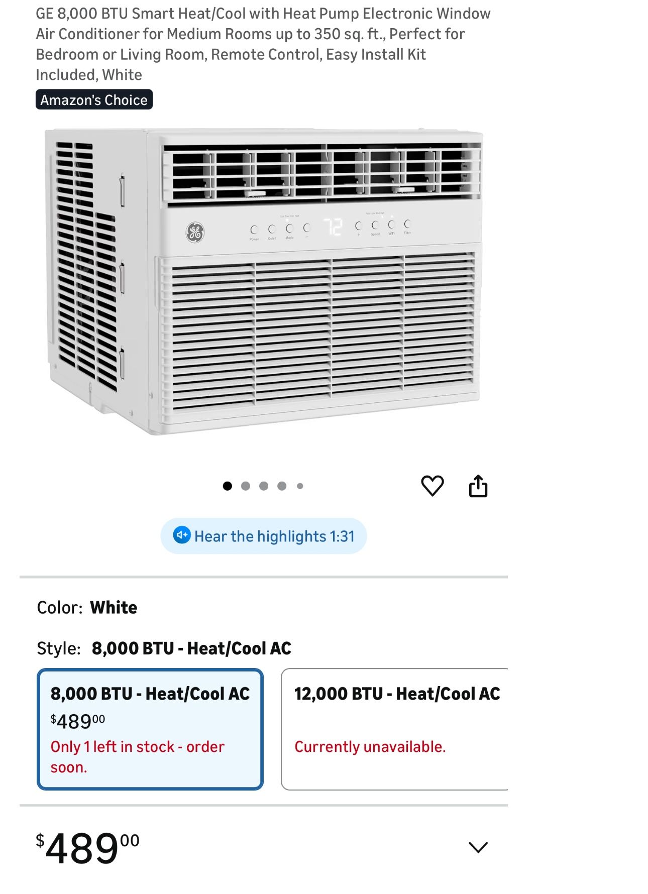 GE 8,000 BTU Smart Heat/Cool with Heat Pump Electronic Window Air Conditioner for Medium Rooms up to 350 sq. ft., Perfect for Bedroom or Living Room, 