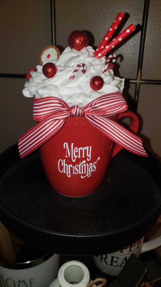 Christmas mug and topper, Faux whipped cream topper, Christmas tiered tray decor, Cocoa bar decor, Farmhouse Christmas decor, Christmas mugs