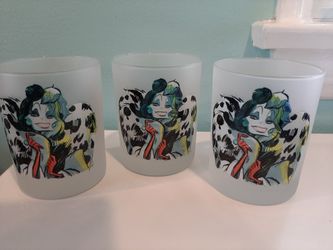 Set of 3~Cruella Devil~Frosted Old Fashion scotch glass~Cruella face with name