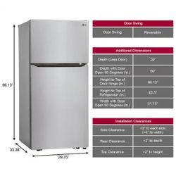 Brand New LG
30 in. W 20 cu. ft. Top Freezer Refrigerator w/ Multi-Air Flow and Reversible Door in Stainless Steel,ENERGY STAR