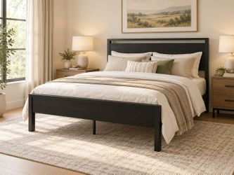 Full bed Metal Platform Bed Frame with Wooden Headboard and Footboard, No Box Spring Needed, Large Under Bed Storage, Heavy Duty Slats Support, Black