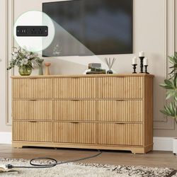 Fluted 9 Drawer Dressers with Power Outlet for Bedroom, 63" Wide Farmhouse Chest of Drawer with 9 Big Drawers, Oak Closet Dressers for Bedroom, Living