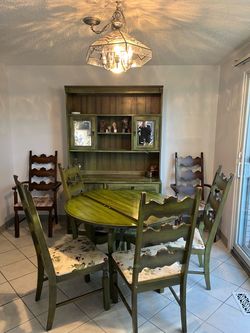 Dining Set with Hutch and Six Chairs- Green
