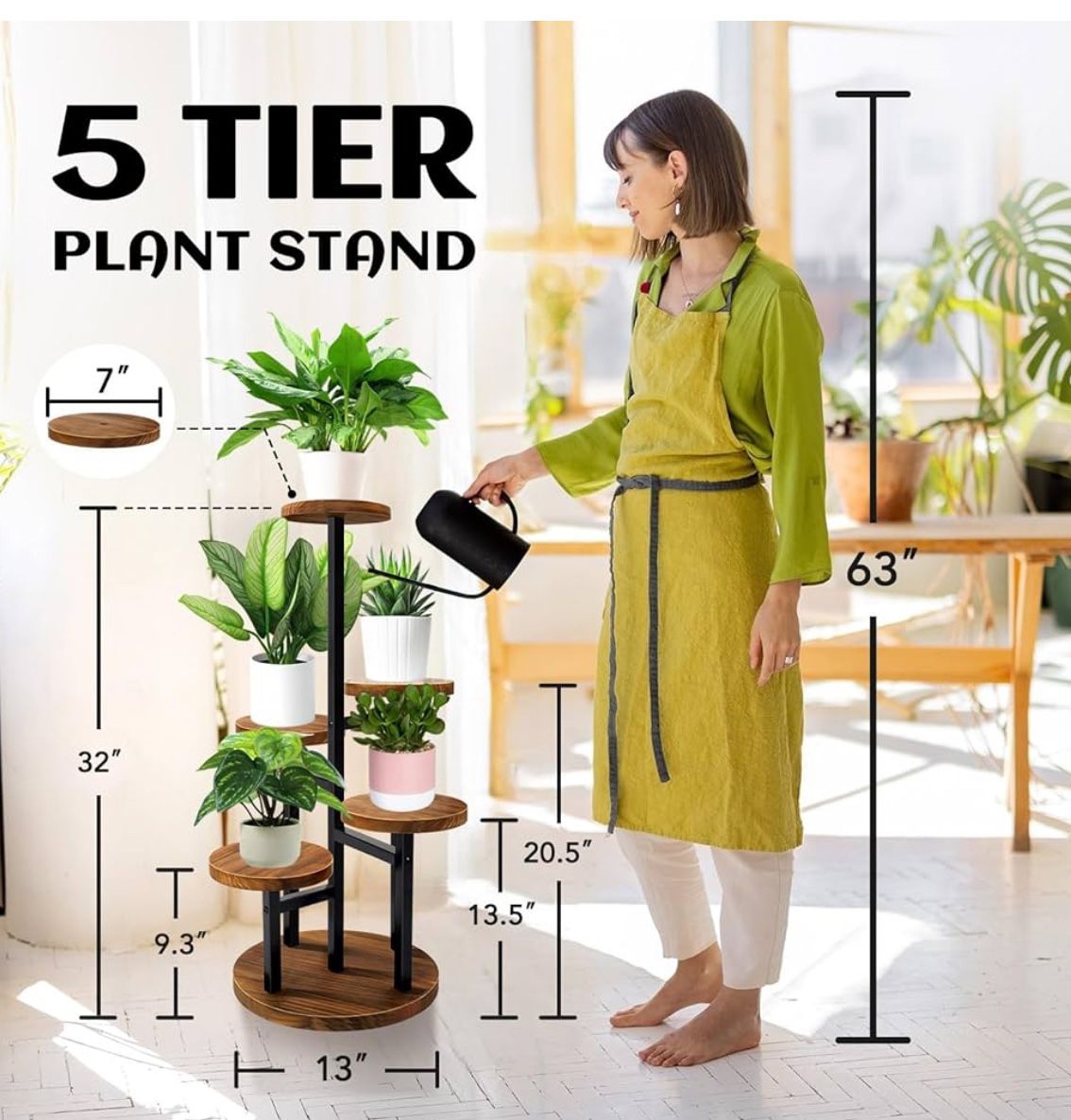 AUGOSTA 5 Tier Plant Stand, Tall Metal Wood Shelf Holder for Indoor Plants, Outdoor Garden Plant Display Rack Flower Pot Stand for Corner Living Room 