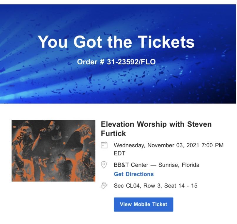 2 Tickets For Elevation Worship Concert On 11/3