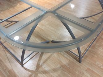 Glass top corner desk. 76” x 28” x 76”. Pull out glass shelf for keyboard