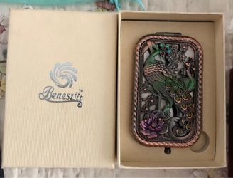 COMPACT MIRROR Beneszfit Peacock Enamel Folding Mirror in  Original Box $ 20