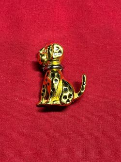 Dog Brooch Pin Black Enamel Spots Gold Plated & Silver Collar With Crystal Eyes