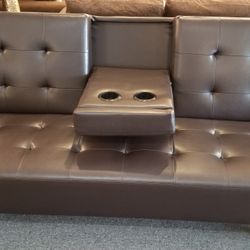 Brand New 79" x 44" Brown Or Black Faux Leather Sofa Futon With Cup Hopders