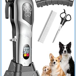 Dog Clippers for Grooming, Dog Grooming Kit for Heavy Thick Hair, Low Noise Cordless Pet Hair Trimmer with Stainless Steel Blade, Professional Recharg