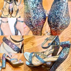 Bamboo women blue/pink glitter sparkle block heels sandals size 37.5