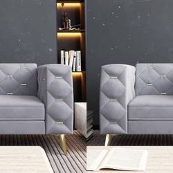 Set of 2 Chesterfield Chair, Velvet Upholstered Couch with Square Arms and Tufted Back, Mid-Century Modern Sofa Couch with Metal Buckle Decor and Meta