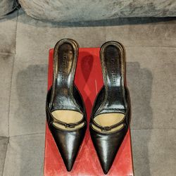 EUC VINTAGE COLE HAAN CITY BLACK LEATHER SLIP-ON MULES POINTED TOE 2½" KITTEN HEELS SIZE 6½B