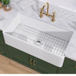 TUKTUK White Farmhouse Sink 33 inch Fireclay Apron Front Farm House Kitchen Sink Single Bowl Deep Drop In Undermount Reversible Heavy Duty Easy to Cle