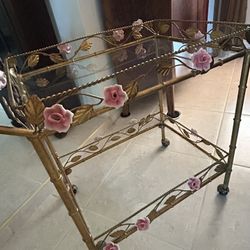 Antique Gold Leaf Tea Cart With Original Ceramic Flowers