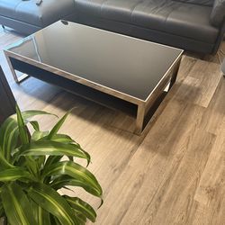 Dania - Modern Coffee Table - Black Glass, Chrome & Dark Wood (Like New)