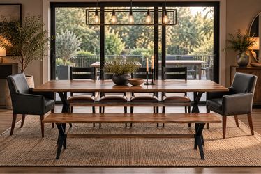 Living Spaces Solid Wood Table + Bench 8-Piece Designer Dining Set