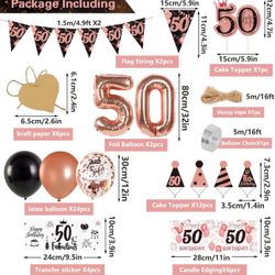 50th Birthday Decorations for Women Rose Gold Happy Birthday Party Banner Pink and Black Balloons Rose Gold Decorations for 50 Years Old Woman, Summer