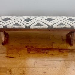 vintage wooden sturdy bench with fabric top farmhouse style In great condition  Measures approximately 18” H x 53” W x 12” D Pick up in Hobe Sound 