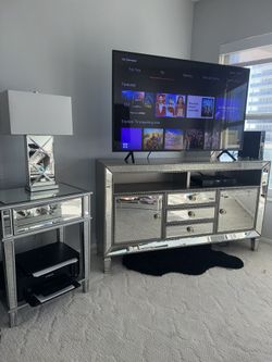 Mirrored TV Stand, End Table, and Lamp 
