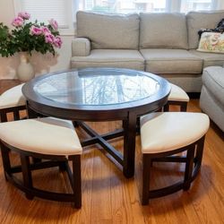 Round Glass Coffee Table Set w/ 4 Ottoman Stools – American Signature