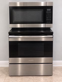 Amana stainless steel electric range and over the range microwave